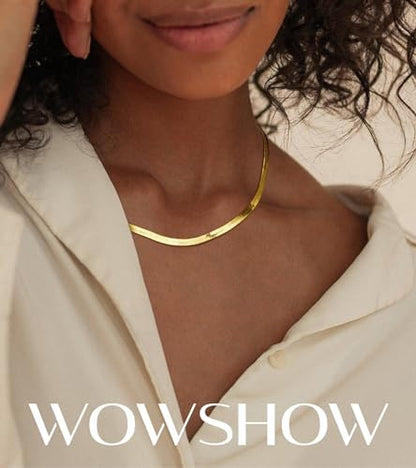 Wowshow 14K Gold Plated Italian Snake Chain Necklace Flat Herringbone Choker Dainty Necklace Bracelet Set for Women 16-18-20 Inch - color: 4.5mm-16 Inches-Necklace