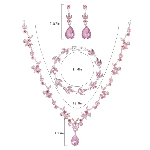 Kamirola Bridal Jewelry Set, Jewelry Set for Women, Necklace Dangle Earrings Bracelet Set, White Gold Plated (TR76) - color: Silver Pink