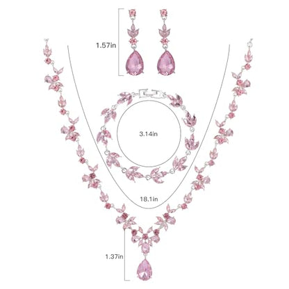 Kamirola Bridal Jewelry Set, Jewelry Set for Women, Necklace Dangle Earrings Bracelet Set, White Gold Plated (TR76) - color: Silver Pink