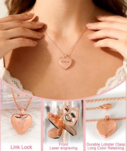 Personalized Locket Necklace for Women with Engraved Text & Picture | Custom Birthday Flower Locket Necklace Mothers Day Gift for Mom Mother Wife - color: Style-02
