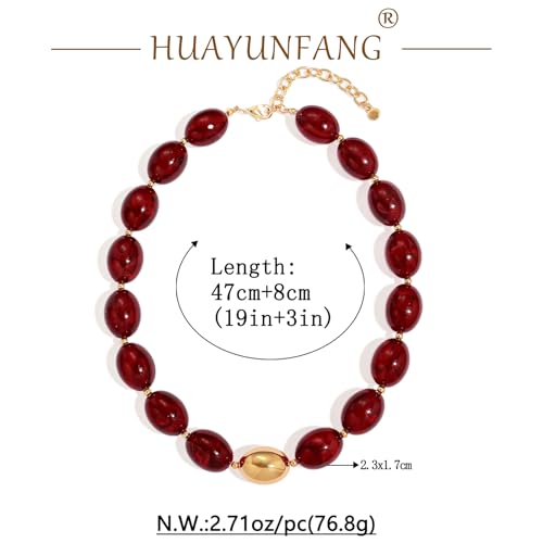 Chunky Beads Necklace for Women Trendy Gold Puffy Heart Choker Necklace Colorful Resin Beaded Heart Pendant Necklaces Statement Jewelry - color: Oval Beads-Dark Red