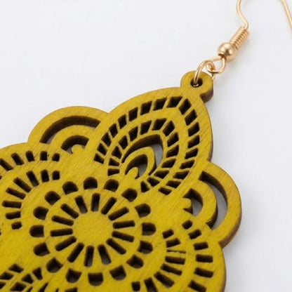 Boho Black Filigree Dangle Earrings for Women, Lightweight Hollow Lace Drop, Wood, 3.34" x 1.69", Bohemian Jewelry - color: Yellow