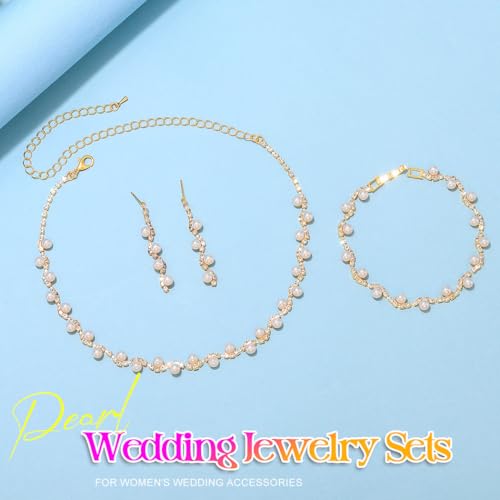 Aukmla Pearl Wedding Jewelry Sets Silver Rhinetsone Choker Necklace and Earring Bracelet Set Prom Jewelry for Brides and Women - color: Gold