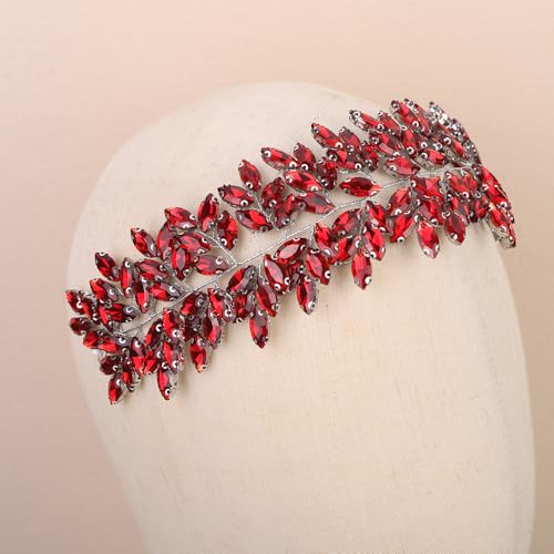 Missgrace Women Silver Green Black Red Blue Handmade Full Crystal Rhinestone Large Headband Hair Vine Shinny Headpiece Bridal Wedding Hair Accessories for Women (Silver red) - color: Silver red