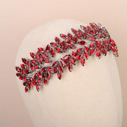 Missgrace Women Silver Green Black Red Blue Handmade Full Crystal Rhinestone Large Headband Hair Vine Shinny Headpiece Bridal Wedding Hair Accessories for Women (Silver red) - color: Silver red