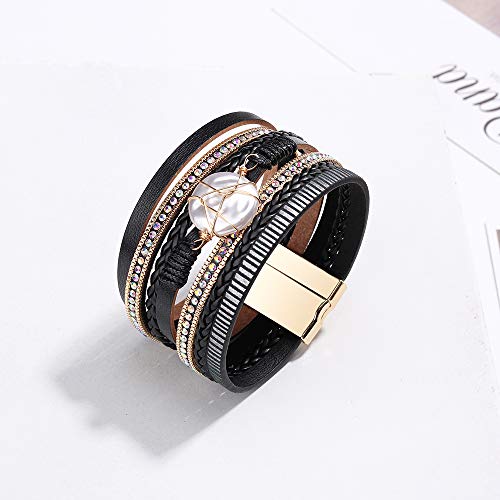 Fesciory Leather Wrap Bracelet for Women, Boho Western Layered Cuff Jewelry | Stackable Bracelets, Easy-On Clasp, Daily Wear, Pairs with Boho Western Outfits, Gift for Women - color: Black15