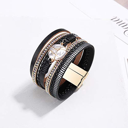 Fesciory Leather Wrap Bracelet for Women, Boho Western Layered Cuff Jewelry | Stackable Bracelets, Easy-On Clasp, Daily Wear, Pairs with Boho Western Outfits, Gift for Women - color: Black15