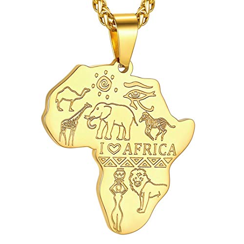 GOLDCHIC JEWELRY Africa Map Necklace for Men, Stainless Steel African Tribal/Egyptian Eye of Horus/I LOVE AFRICA/Elephant Map Hiphop Jewelry Unisex with 22'+2'Adjustable Chain - color: Animals - Gold, style: No Customization