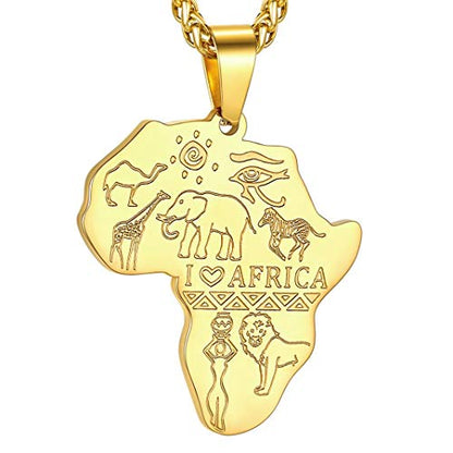GOLDCHIC JEWELRY Africa Map Necklace for Men, Stainless Steel African Tribal/Egyptian Eye of Horus/I LOVE AFRICA/Elephant Map Hiphop Jewelry Unisex with 22'+2'Adjustable Chain - color: Animals - Gold, style: No Customization