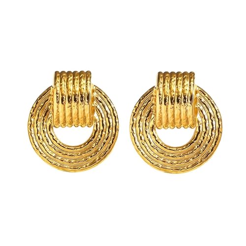 Gold Statement Earrings For Women, 14K Gold Plated Textured Geometric Drop Earrings - Hypoallergenic Stainless Steel Statement Earrings for Women, Waterproof Fan-Shaped Dangle Earrings for Beach & Daily Wear - color: Circle DKE252060GL