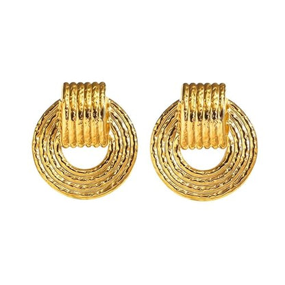 Gold Statement Earrings For Women, 14K Gold Plated Textured Geometric Drop Earrings - Hypoallergenic Stainless Steel Statement Earrings for Women, Waterproof Fan-Shaped Dangle Earrings for Beach & Daily Wear - color: Circle DKE252060GL