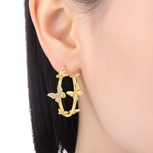 Floral Hoop Earrings 925 Sterling Silver with 14K Gold Plating – Lightweight CZ Flower Hoops | Hypoallergenic Jewelry for Women | Gift Box + Polishing Cloth - color: 29mm gold butterfly earrings