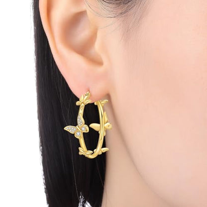 Floral Hoop Earrings 925 Sterling Silver with 14K Gold Plating – Lightweight CZ Flower Hoops | Hypoallergenic Jewelry for Women | Gift Box + Polishing Cloth - color: 29mm gold butterfly earrings