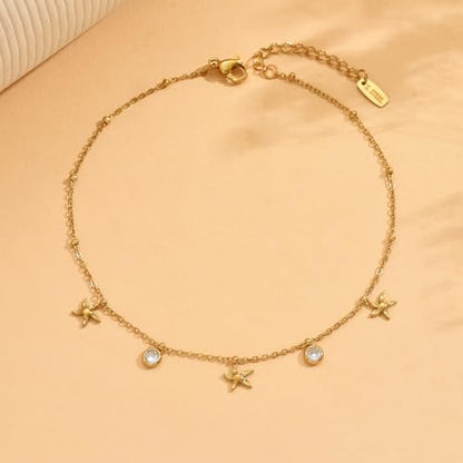 18K Gold Plated Waterproof Summer Beach Ankle Bracelets for Women | Starfish Sea Shell Pearls CZ Diamond Dangle Anklets - style: Starfish CZ Drop-Gold