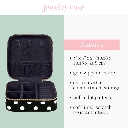 kate spade new york Travel Jewelry Case, Polka Dot | Small Square Case, Black and White Dotted Jewelry Box Organizer for Rings, Necklaces, Earrings On-the-Go with Zipper Closure
