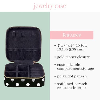 kate spade new york Travel Jewelry Case, Polka Dot | Small Square Case, Black and White Dotted Jewelry Box Organizer for Rings, Necklaces, Earrings On-the-Go with Zipper Closure