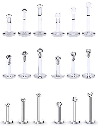 SCERRING 16G Lip Rings Clear CZ Labret Monroe Lip Ring Tragus Nail Helix Earring Stud Piercing Jewelry Bar Length 6mm 8mm 10mm - style: 18PCS - 2mm Top Silver