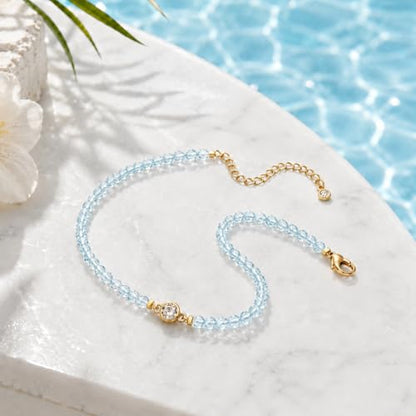Raicegs Anklets for Women Handmade Beach Boho Ankle Bracelet 3mm Natural Stone Beaded Ankle Bracelet 14K Gold Plated Zircon Pendant Adjustable Crystal Gemstone Anklet Jewelry Gift for Her - color: Aquamarine