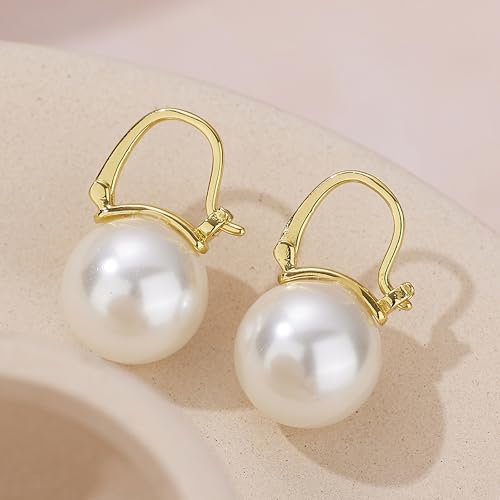 Double Pearl Drop Earrings for Women 925 Sterling Silver | 18k Gold Plated Big Large Pearl Dangle Earrings Pearl Dangling Stud Earring Bridal Wedding Jewelry Birthday Gifts for Mom - color: C-Gold
