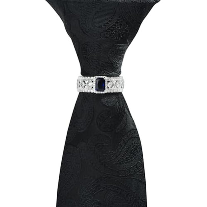 Sparkling Crystal Men's Neck Tie Ring Tie Clasp Necktie Clips Holder Tie Accessories with Box for Wedding Jewelry Gift - style: Silver Clips with Blue Square CZ