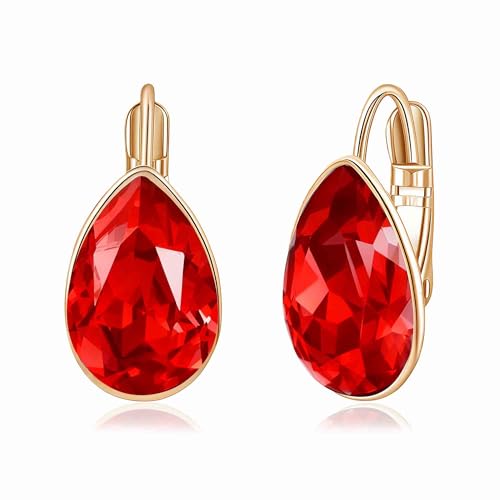 Austrian Crystal Teardrop Leverback Drop Earrings for Women | 14K Gold-Plated Finish, Sparkling Pear Stone, Smooth Bezel Frame, Secure Leverback Closure, Dainty Day-To-Evening Style - color: Ruby
