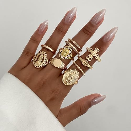 Chunky Gold Rings for Women Rhinestone Stackable Knuckle Ring Set Open Adjustable Statement Ring Set Dainty Crown Cross Midi Rings Fashion Jewelry Gift for Women - color: Gold5