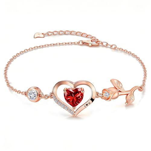 1CT Rose Heart Birthstone Bracelet for Women Love Gift - style: 01/07-Jan/July Ruby Rose Gold