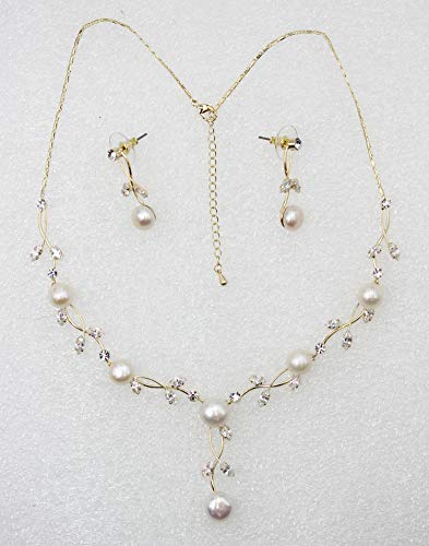 Faship Genuine Freshwater Pearls Floral Necklace Earrings Set | Premium CZ Crystal, Gorgeous, Sparkling - color: Clear/Gold-plated