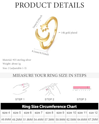 LOVECOM 925 Sterling Silver Moon Star Toe Rings for Women Mom | Dainty 14K Gold Plated Crescent Adjustable Open Band Toe Ring Stacking Summer Beach Foot Birthday Jewelry Gifts to Daughter