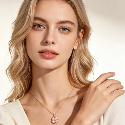 NEWITIN 4 Pcs Pink Jewelry Set for Women Lucky Necklace Bracelet Earrings | Hypoallergenic, Rose Gold Plated, Pink Cat Eye Stone, Four-Leaf Clover Necklace Bracelet Earring, Lucky Jewelry Set for Women