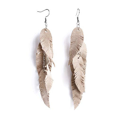 Leather Feather Earrings, Suede layered earrings, boho wedding jewelry, summer earrings, gift for her, dangle earrings - color: cream