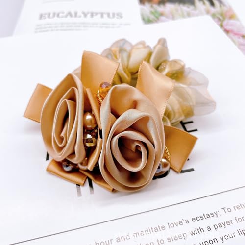Satin Hair Scrunchie with Rose Flower, Brown and Gold, Pearl Beads, Ribbon Bow, Hair Tie Accessory, 9cm (yellower) - color: yellower