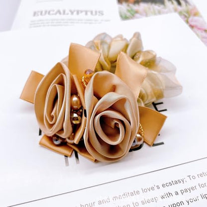 Satin Hair Scrunchie with Rose Flower, Brown and Gold, Pearl Beads, Ribbon Bow, Hair Tie Accessory, 9cm (yellower) - color: yellower