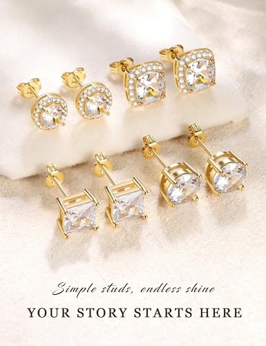 Stud Earrings for Women Men Gold Plated Earring Studs Cubic Zirconia - color: Gold