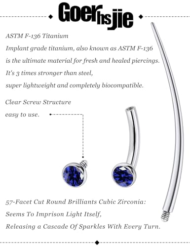 F136 Titanium 16g 6/8/10mm Eyebrow/Rook/Snug/Vertical-Labret/VCH/Snake-Eyes/Anti-Tragus/Christina/Daith/Belly-Button/Bridge/Hood/Surface Curved Barbell Piercing Jewelry for Women Men - color: Blue, size: 6 mm (1/4 in)