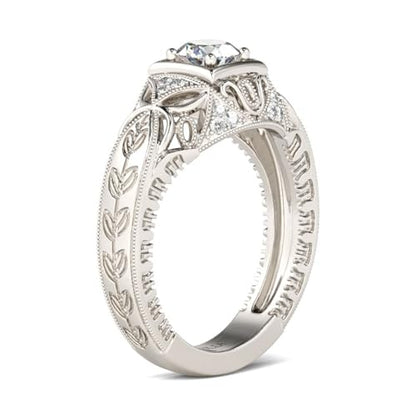 Jeulia Vintage Rings 925 Sterling Silver Round Cut Solitair Diamond Ring Wedding Engagement Statement Ring Band Anniversary Promise Bridal Set with Gift Box