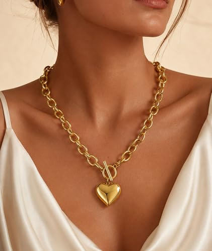 Chunky Gold Necklace for Women Trendy Non Tarnish 14K Gold Plated Paperclip Chain Charm Necklaces Chunky Heart Cross Clover Pearl Pendant Necklace with Toggle Clasp Statement Jewelry Gift for Women - color: A-Heart