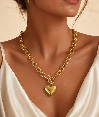 Chunky Gold Necklace for Women Trendy Non Tarnish 14K Gold Plated Paperclip Chain Charm Necklaces Chunky Heart Cross Clover Pearl Pendant Necklace with Toggle Clasp Statement Jewelry Gift for Women - color: A-Heart
