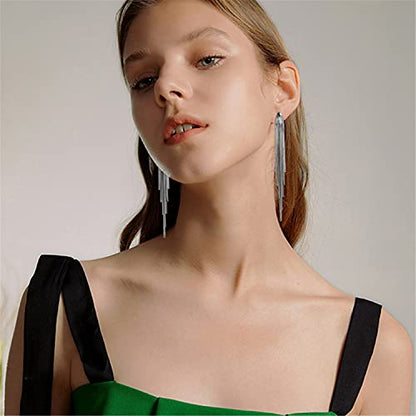 14k Gold Long Tassels Chain Dangle Drop Earrings for Women Black Silver Punk Sleek Metal Chain Earrings Wedding Bridesmaid Jewelry - color: Black