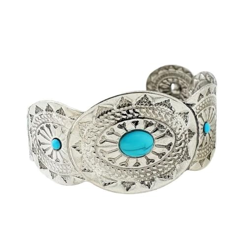 Soyzvteo Western Silver Cuff Bracelet Bohemian Turquoise Engraved Bangle Bracelet Vintage Trendy Boho Outfits Dresses Jewelry Gift - color: B