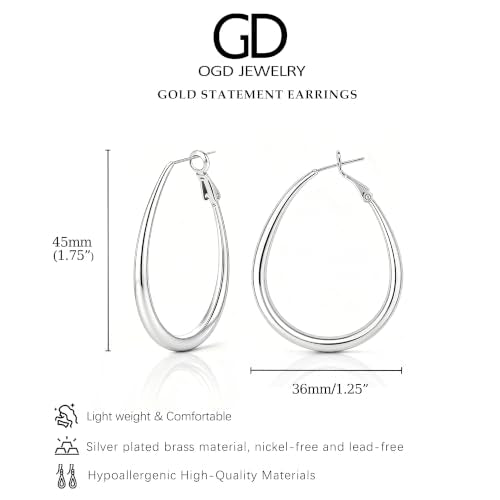 OGD Teardrop Hoop Earrings for Women 14K Gold Plated Large Chunky Oval Pull Through Hoop Earrings Statement Jewelry Gift for Women Hypoallergenic - color: Oval Earrings-Silver45mm