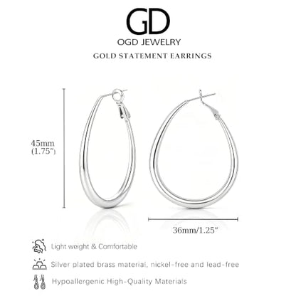 OGD Teardrop Hoop Earrings for Women 14K Gold Plated Large Chunky Oval Pull Through Hoop Earrings Statement Jewelry Gift for Women Hypoallergenic - color: Oval Earrings-Silver45mm