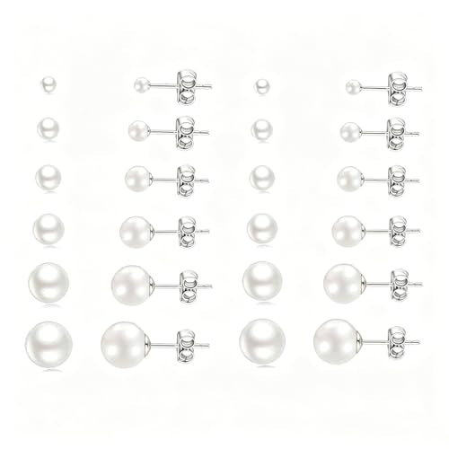 12 Pairs Pearl Stud Earrings for Women | White Pearl CZ Ball Hypoallergenic Earrings, Bridal Simulated Pearl Rhinestone Pearls Stud Earrings Jewelry Set for Wedding - color: Clear