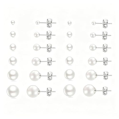 12 Pairs Pearl Stud Earrings for Women | White Pearl CZ Ball Hypoallergenic Earrings, Bridal Simulated Pearl Rhinestone Pearls Stud Earrings Jewelry Set for Wedding - color: Clear
