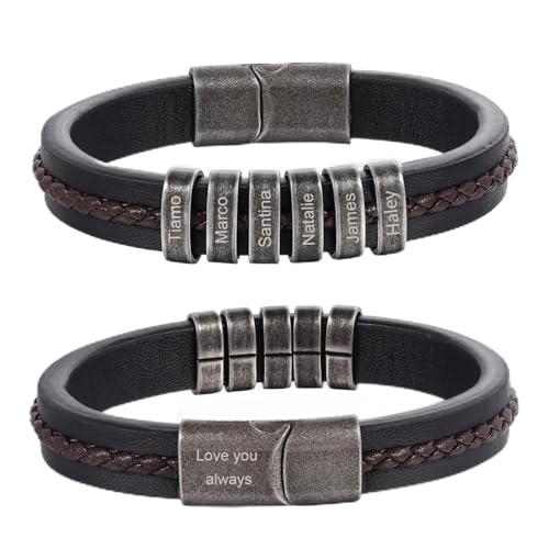 Personalized Bracelet for Men, Engraved Name Bead Braided Leather Bracelet for Dad Husband Grandpa Son, Custom Stainless Steel Men's Bracelet - color: 6 names