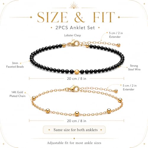 2Pcs Beaded Anklets for Women, Natural Stone Bead Ankle Bracelets with 14K Gold Plated Chain, Waterproof Adjustable Layered Anklet Set, Boho Beach Summer Jewelry Gift - color: Black Tourmaline