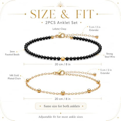 2Pcs Beaded Anklets for Women, Natural Stone Bead Ankle Bracelets with 14K Gold Plated Chain, Waterproof Adjustable Layered Anklet Set, Boho Beach Summer Jewelry Gift - color: Black Tourmaline
