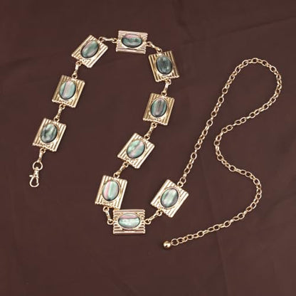 ILuvatar Green Glass Diamond Chain Belt - Metal Women's Western Style Dress Belt - color: Gold-e34