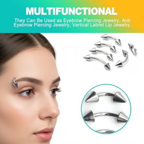 8-Piece Set 16G Eyebrow Rings & Vertical Labret Lip Jewelry, Steel Curved Barbell Piercing Jewelry for Women Men