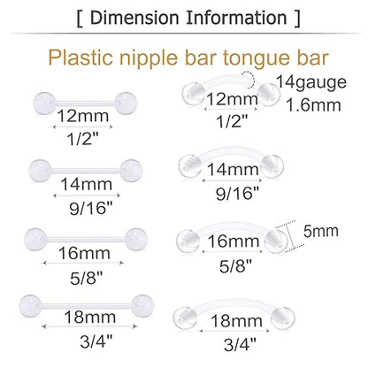 MODRSA 14g 16g Nipple Rings Tongue Rings 14 Gauge Surgical Steel Nipple Bar Barbell 14mm 16mm 18mm Silver Rose Gold Black Tongue Piercing Jewelry for Women Men - color: B3 - Clear - Retainer 4 sizes